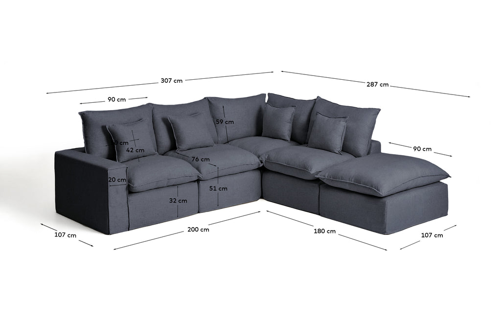 Sofà raconer modular desenfundable Anarela 4 places de lli i viscosa gris fosc 307 x 287 cm FSC Mix Credit