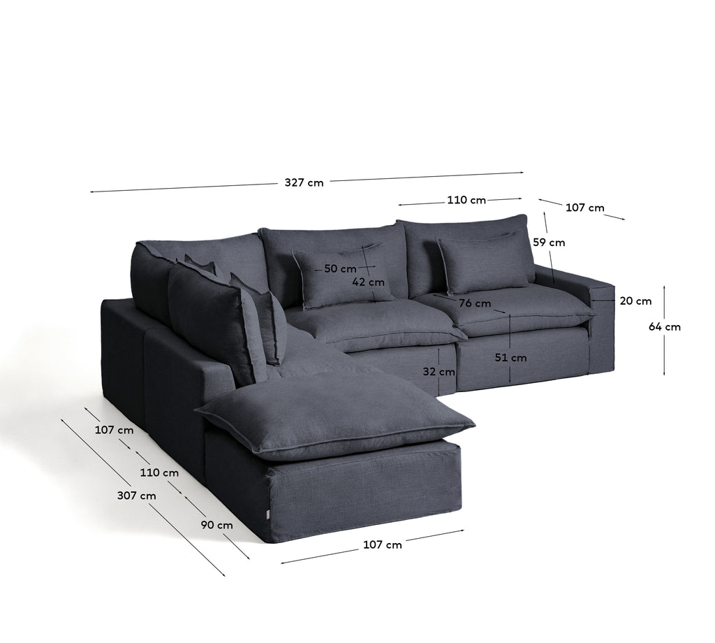 Sofà raconer modular desenfundable Anarela 6 places de lli i viscosa gris fosc 307 x 347 cm FSC Mix Credit
