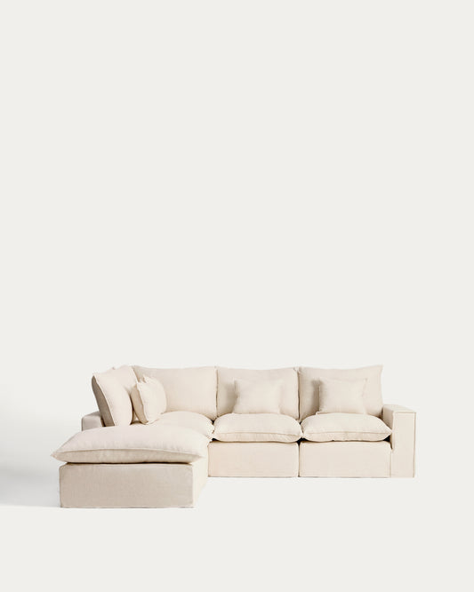 Canapé d’angle modulable déhoussable Anarela 4 places en lin et viscose beige 287 x 307 cm FSC Mix Credit