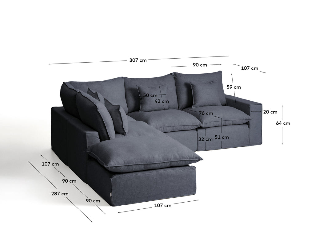Sofà raconer modular desenfundable Anarela 4 places de lli i viscosa gris fosc 287 x 307 cm FSC Mix Credit