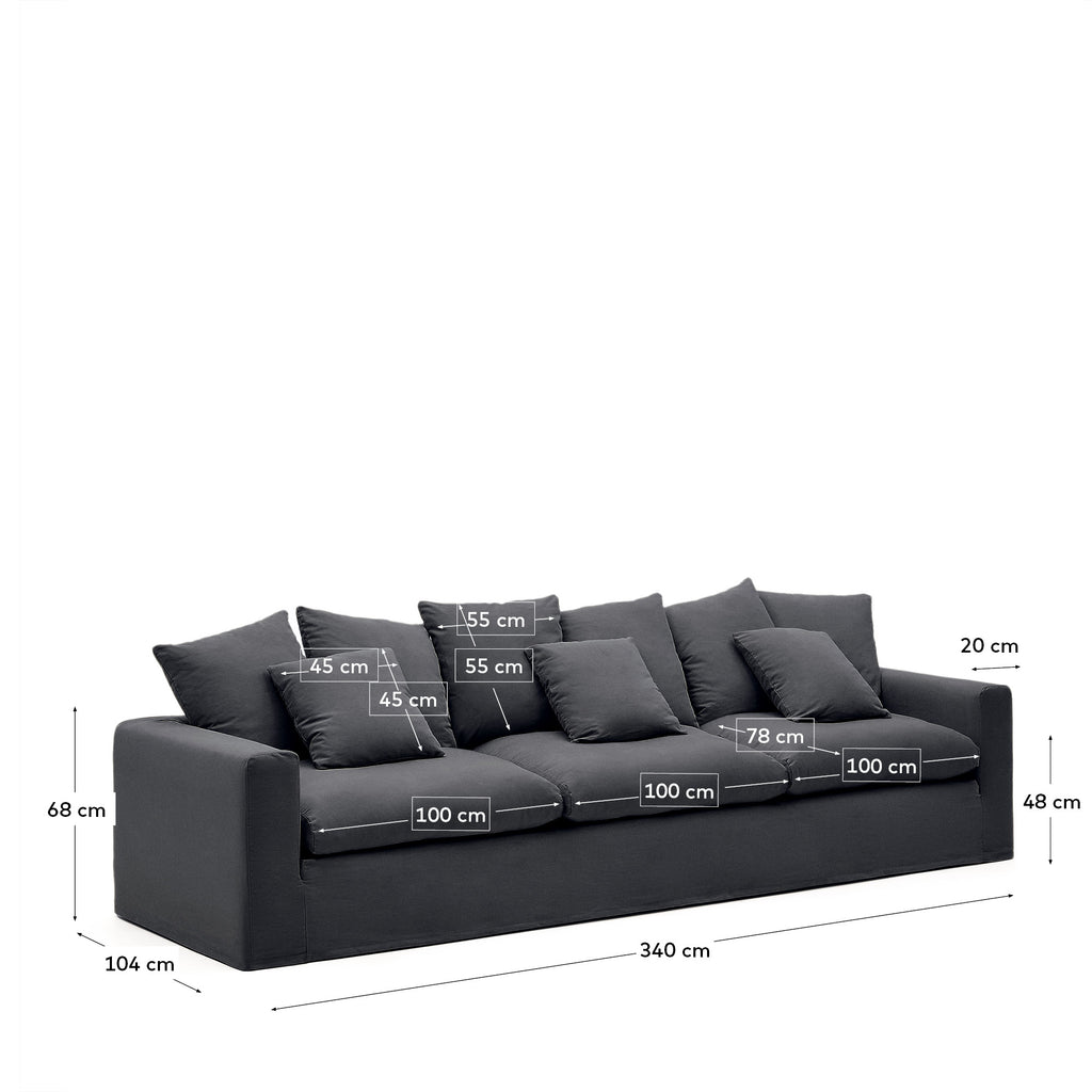 Canapé déhoussable Nora 4 places avec coussins en lin et coton gris anthracite 340 cm