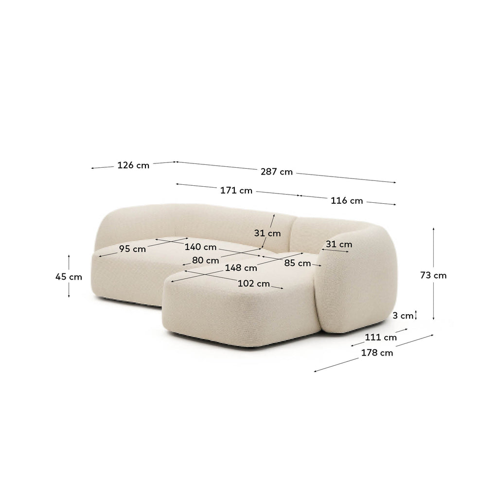 Sofá modular Martina 3 plazas de chenilla con chaise longue derecho color crudo 287 cm