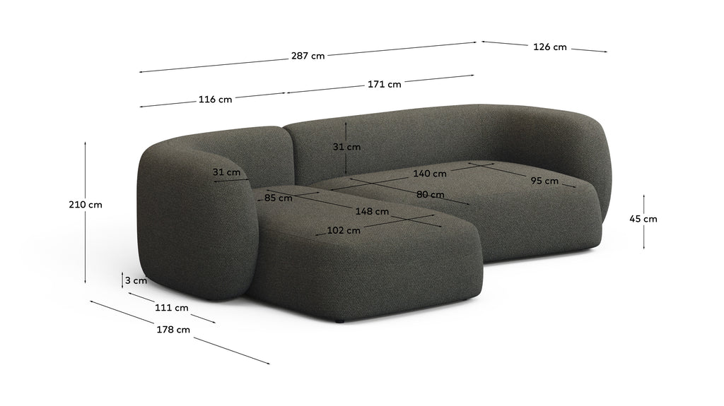 Canapé modulable Martina 3 places en chenille verte avec méridienne gauche 287 cm
