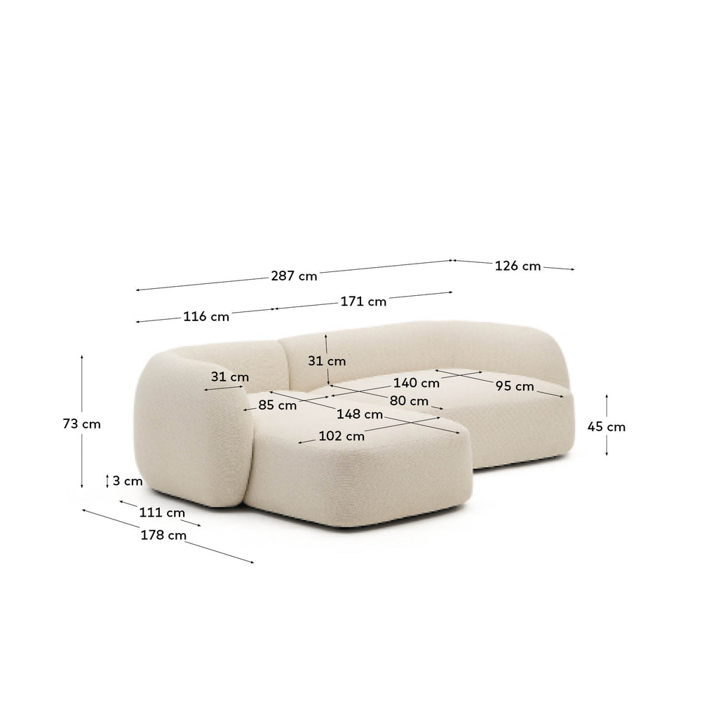 Sofá modular Martina 3 plazas de chenilla con chaise longue izquierdo color crudo 287 cm