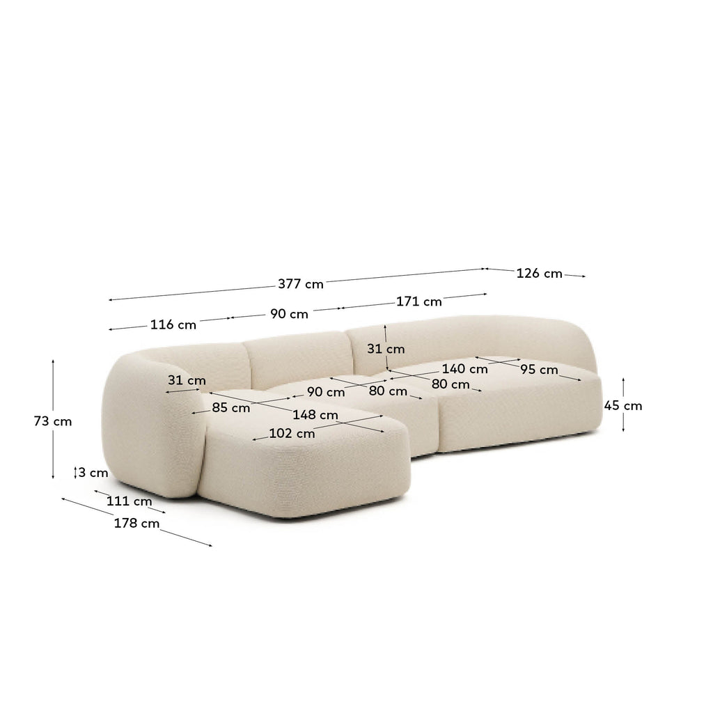 Sofà modular Martina 4 places retardant de foc de xenilla amb chaise longue esquerre color cru 377 cm