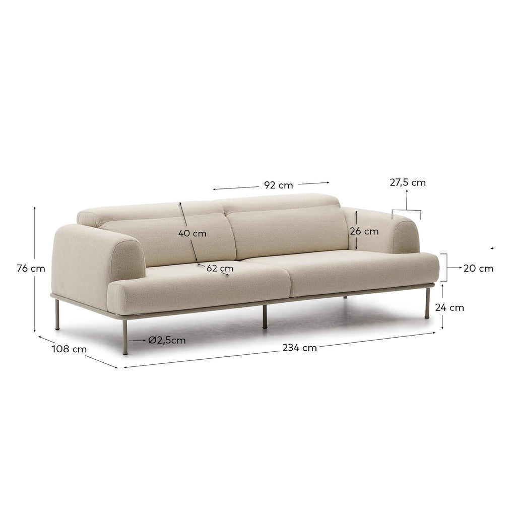Sofá Aurum 3 plazas chenilla crudo con cabecero reclinable y base de metal beige mate 234 cm FSC Mix Credit