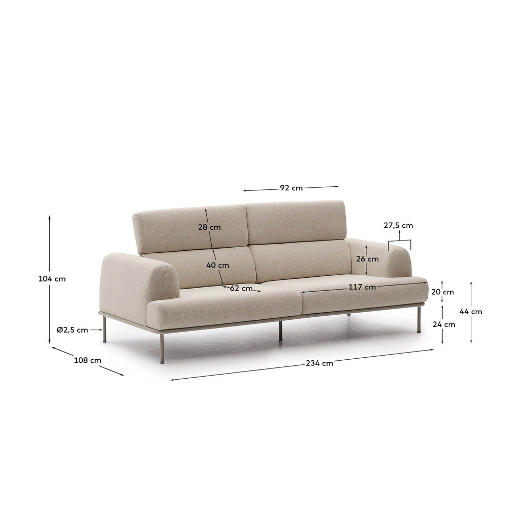 Sofá Aurum 3 plazas chenilla crudo con cabecero reclinable y base de metal beige mate 234 cm FSC Mix Credit