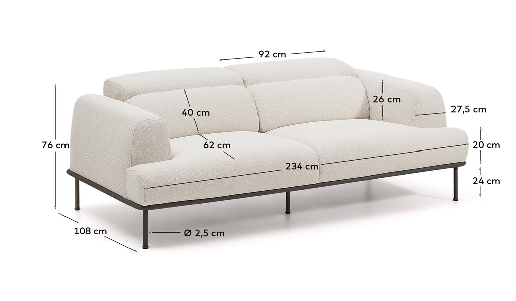Sofá Aurum 3 plazas chenilla crudo con cabecero reclinable y base de metal gris mate 234 cm FSC Mix Credit