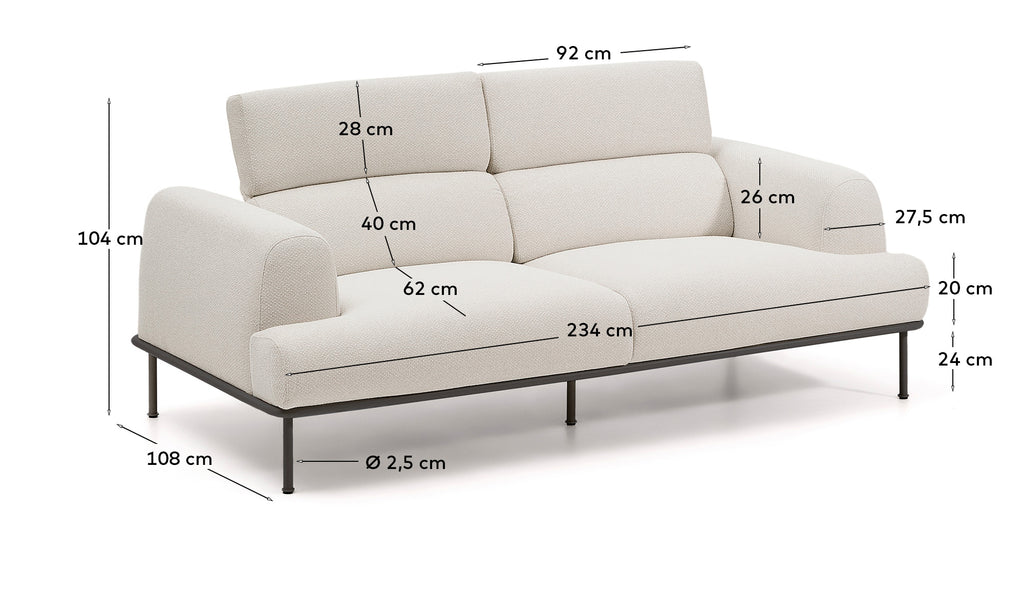 Sofá Aurum 3 plazas chenilla crudo con cabecero reclinable y base de metal gris mate 234 cm FSC Mix Credit