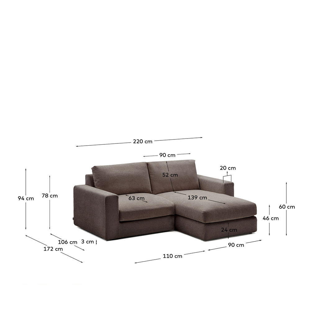 Sofà modular desenfundable Alea 3 places xenilla chaise longue dret marró fosc 220 cm