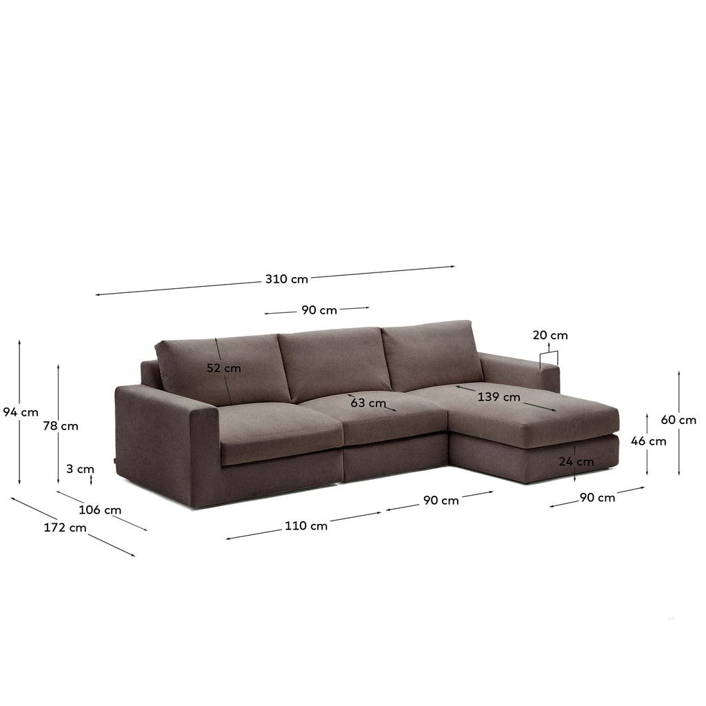 Sofà modular desenfundable Alea 4 places xenilla chaise longue dret marró fosc 310 cm