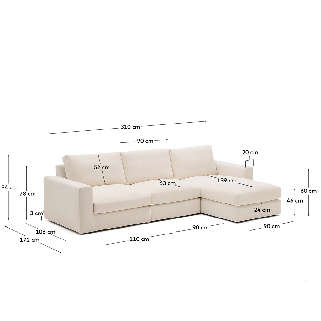 Sofà modular desenfundable Alea 4 places xenilla chaise longue dret beix 310 cm