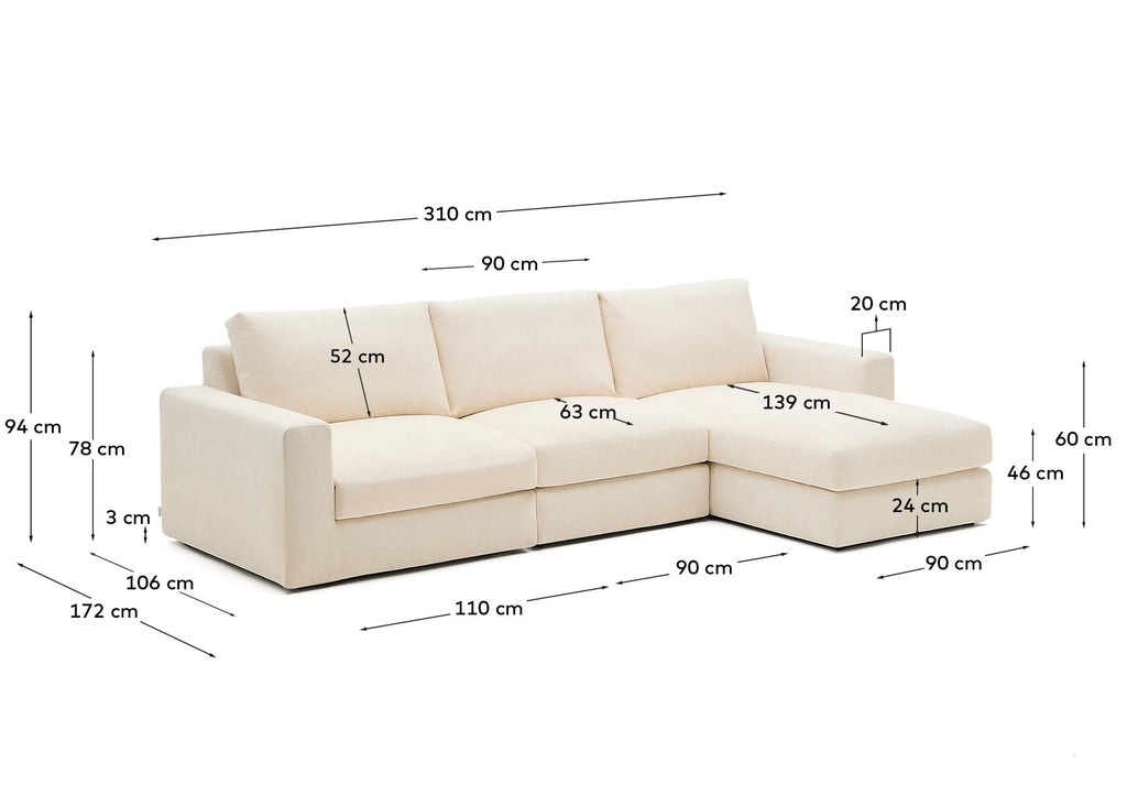 Sofà modular desenfundable Alea 4 places xenilla chaise longue dret cru 310 cm