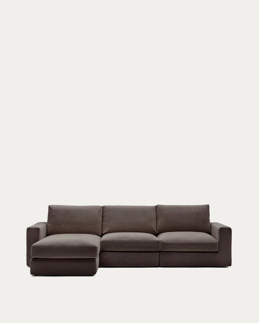 Canapé modulable déhoussable Alea 4 places avec méridienne gauche chenille marron foncé 310 cm