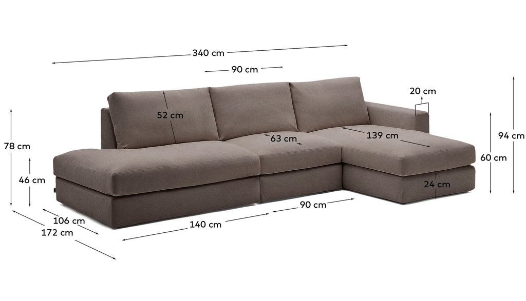 Canapé modulable déhoussable Alea 5 places en chenille marron foncé avec méridienne droite 340 cm