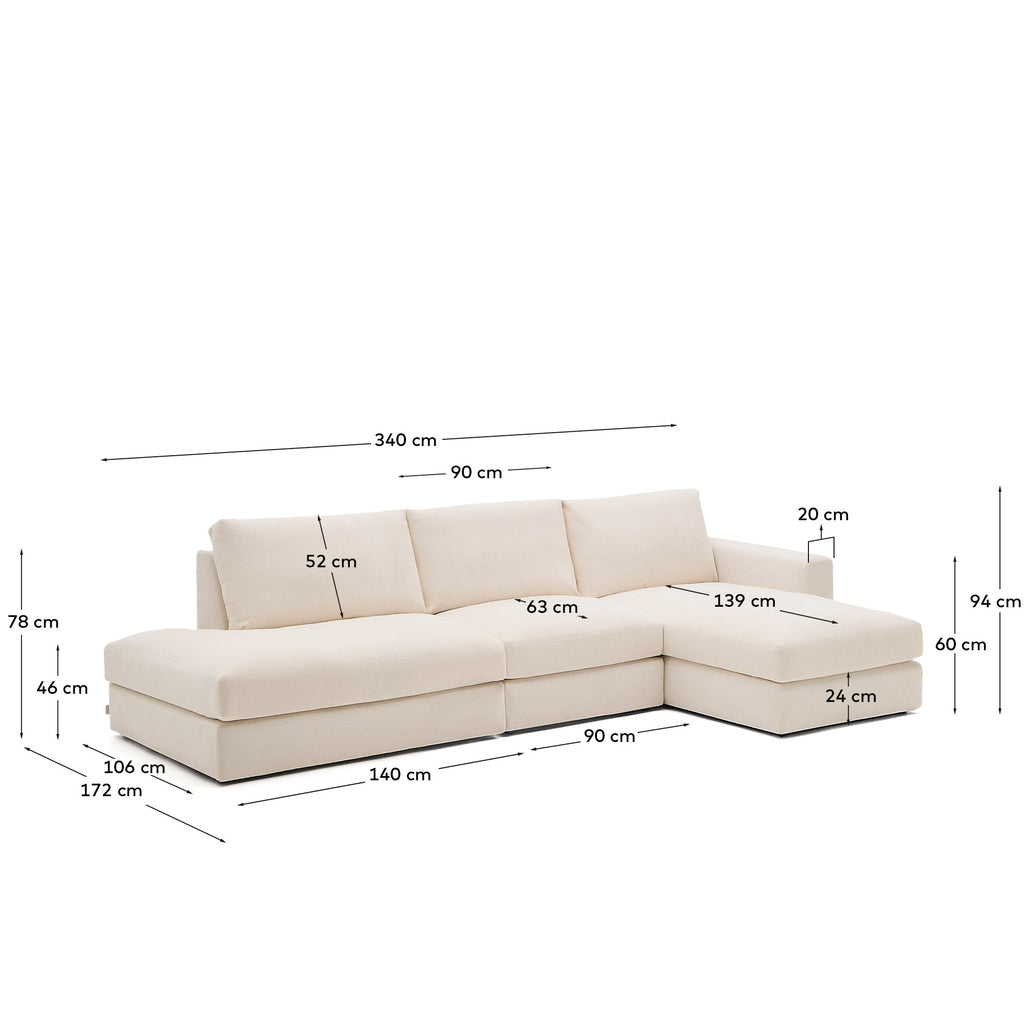 Canapé modulable déhoussable Alea 5 places avec méridienne droite chenille beige 340 cm