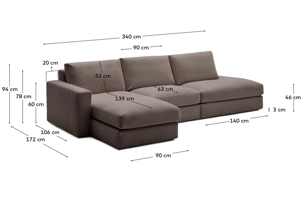 Sofà modular desenfundable Alea 5 places de xenilla chaise longue esquerre marró fosc 340 cm