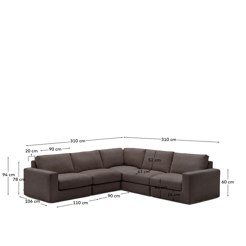 Sofà raconer modular desenfundable Alea 5 places xenilla marró fosc 310 x 310 cm