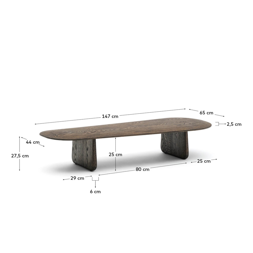 Mesa de centro Pirita de madera maciza de roble con acabado oscuro 146 x 56,5 cm FSC 100%