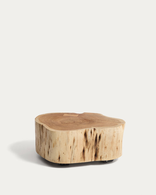 Mesa de centro Nuvine de madera maciza de acacia con acabado blanqueado con ruedas Ø65 cm