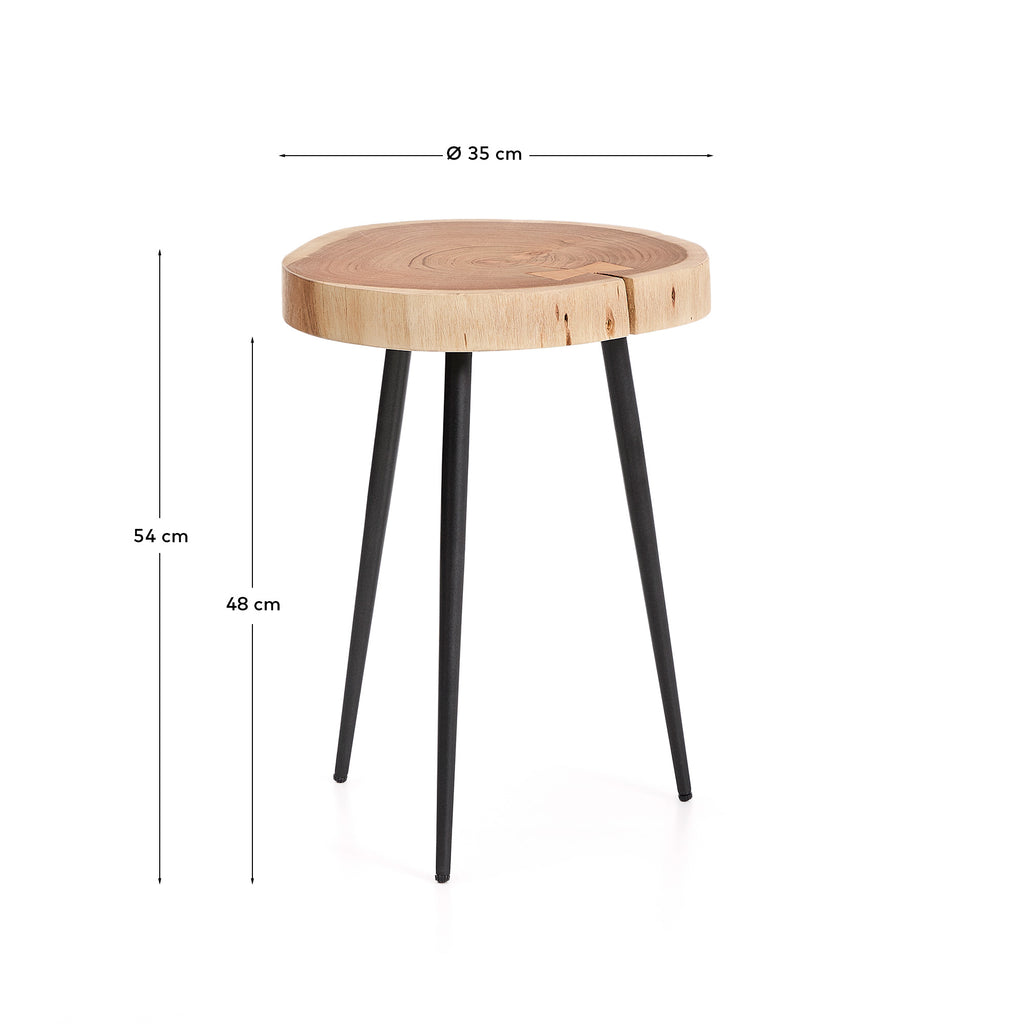 Taula auxiliar Tanive de fusta massissa d'acàcia amb acabat blanquejat i potes d'acer negre Ø35 cm