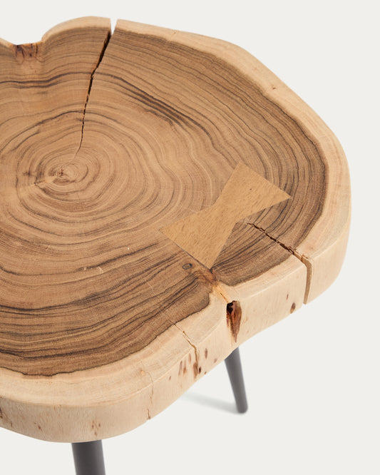 Table auxiliaire Tanive en bois d’acacia avec finition blanchie et pieds en acier noir Ø 35 cm