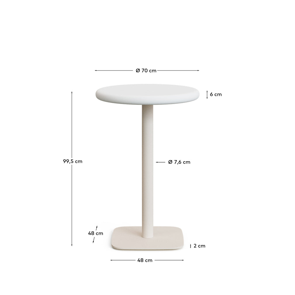 Taula rodona alta d'exterior Dina amb sobre de ciment blanc Ø70 cm i peu d'acer blanc 48x48x96 cm
