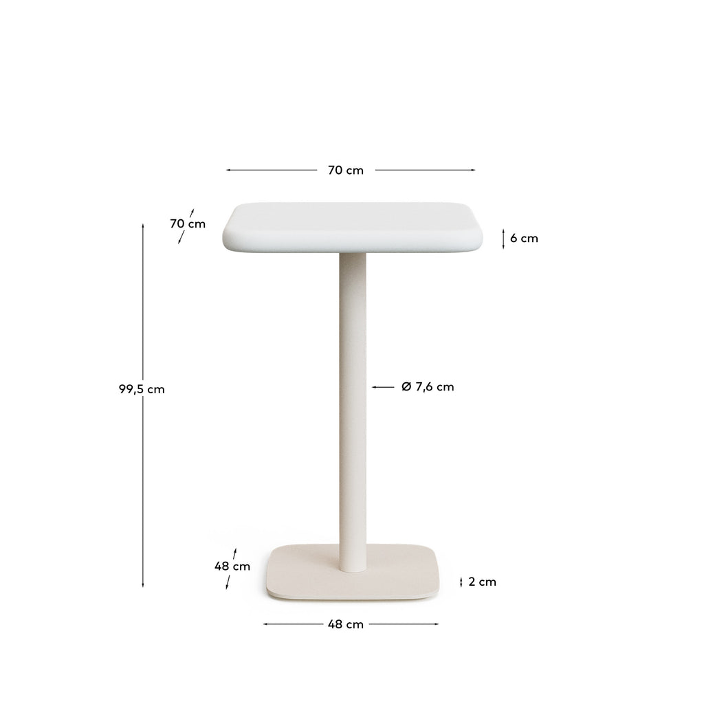 Taula alta d'exterior Dina amb sobre de ciment blanc 70x70 cm i peu d'acer blanc 48x48x96 cm