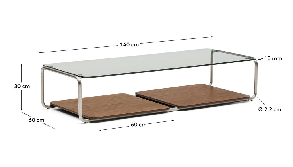 Taula de centre Tarsel de vidre temperat i safata de xapa de noguera amb estructura d'acer inoxidable raspallat 140x60 cm