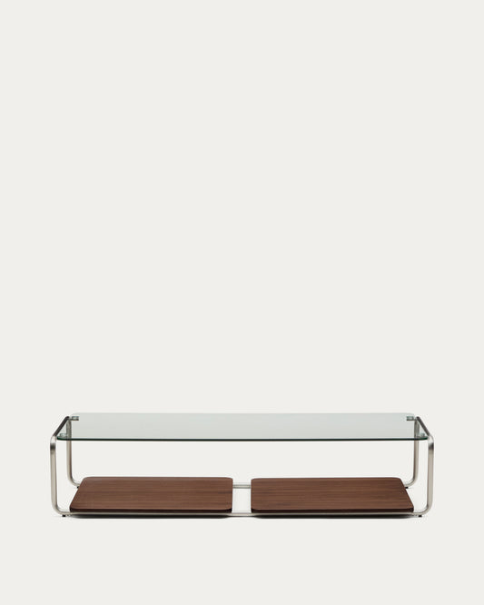 Taula de centre Tarsel de vidre trempat i safata de xapa de noguera amb estructura d'acer inoxidable raspallat 140x60 cm