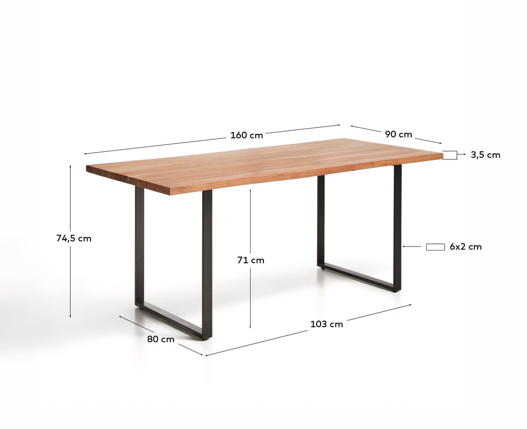 Taula Uxue de fusta massissa d’acàcia i potes d’acer negre 160 x 90 cm