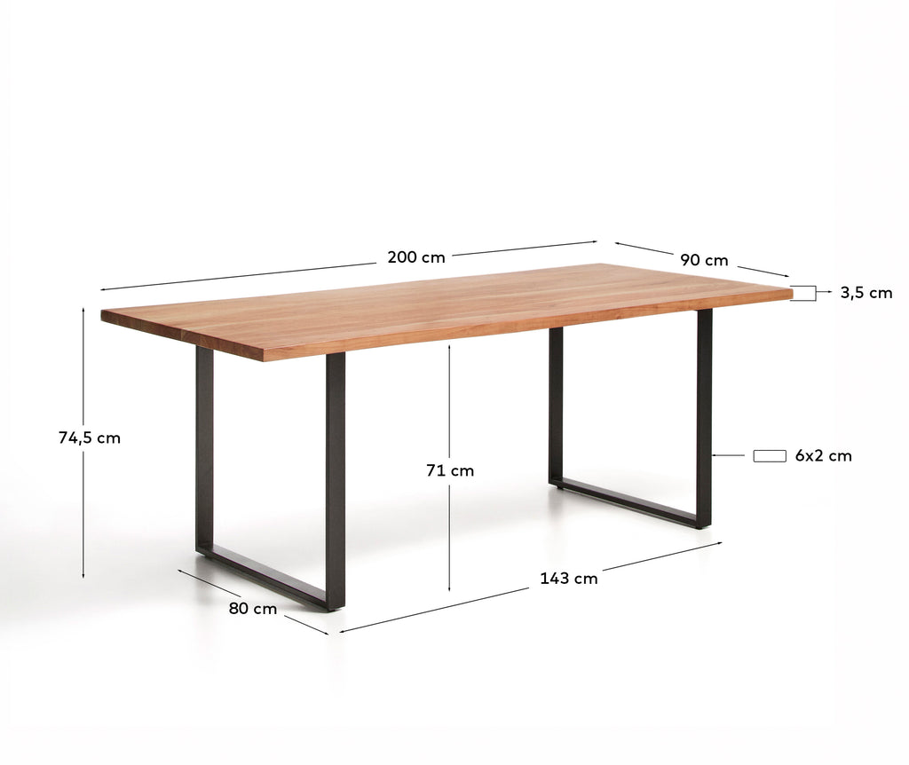 Taula Uxue de fusta massissa d’acàcia i potes d’acer negre 200 x 90 cm