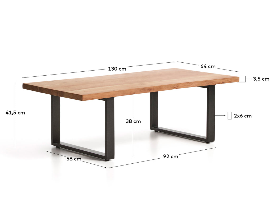 Taula de centre Uxue de fusta massissa d’acàcia i potes d’acer negre 130 x 64 cm