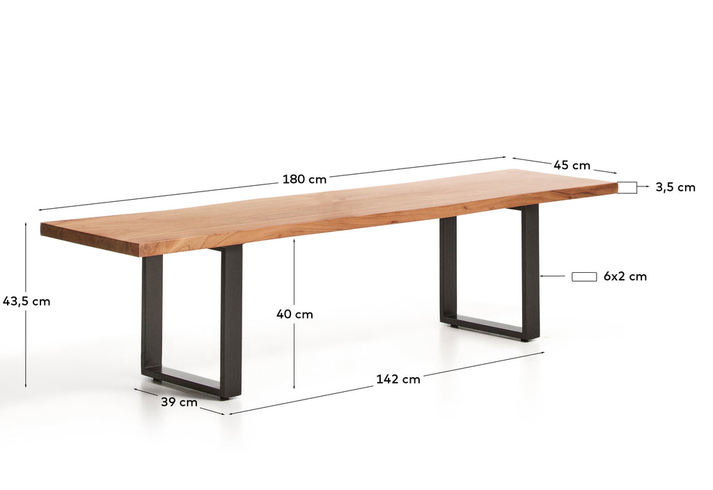 Banc Uxue de fusta massissa d’acàcia i potes d’acer negre 180 x 45 cm