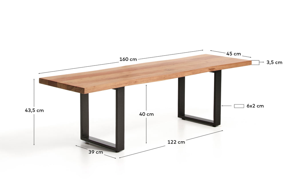 Banc Uxue de fusta massissa d’acàcia i potes d’acer negre 160 x 45 cm