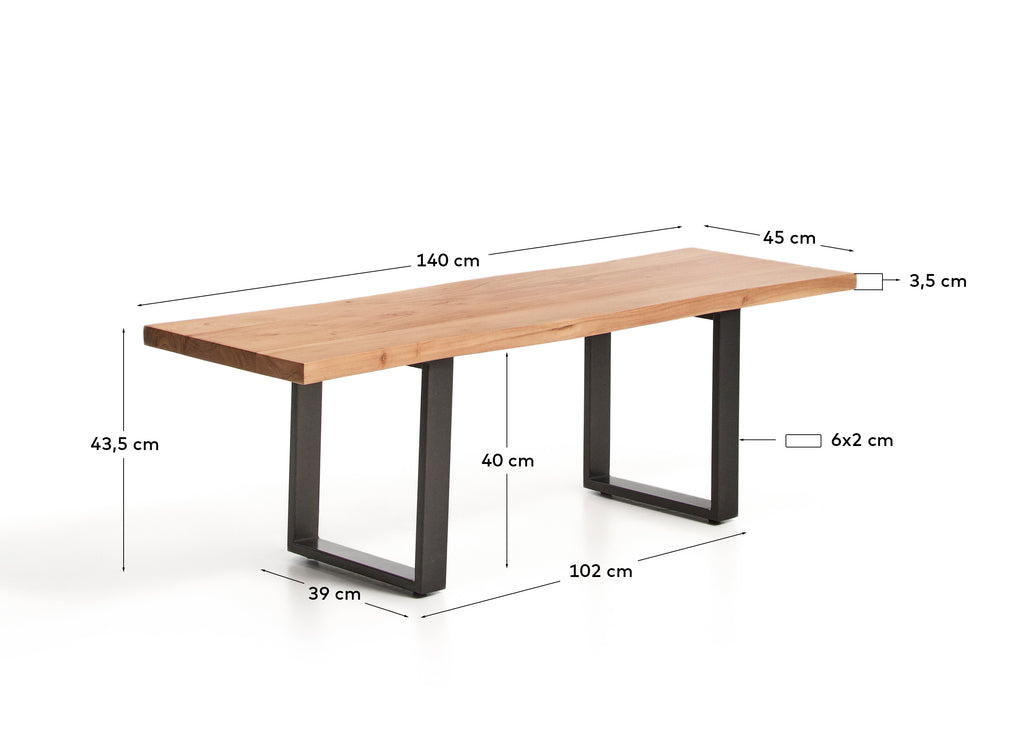 Banc Uxue de fusta massissa d’acàcia i potes d’acer negre 140 x 45 cm
