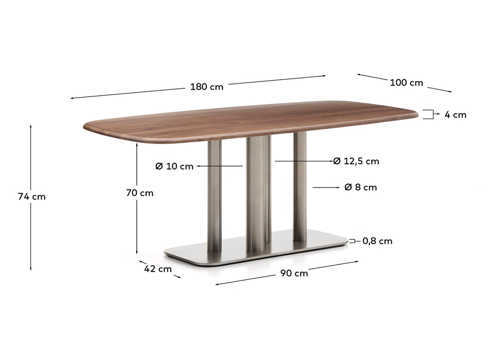 Taula Melvar de xapa de noguera i potes amb base d'acer inoxidable raspallat 180x100 cm