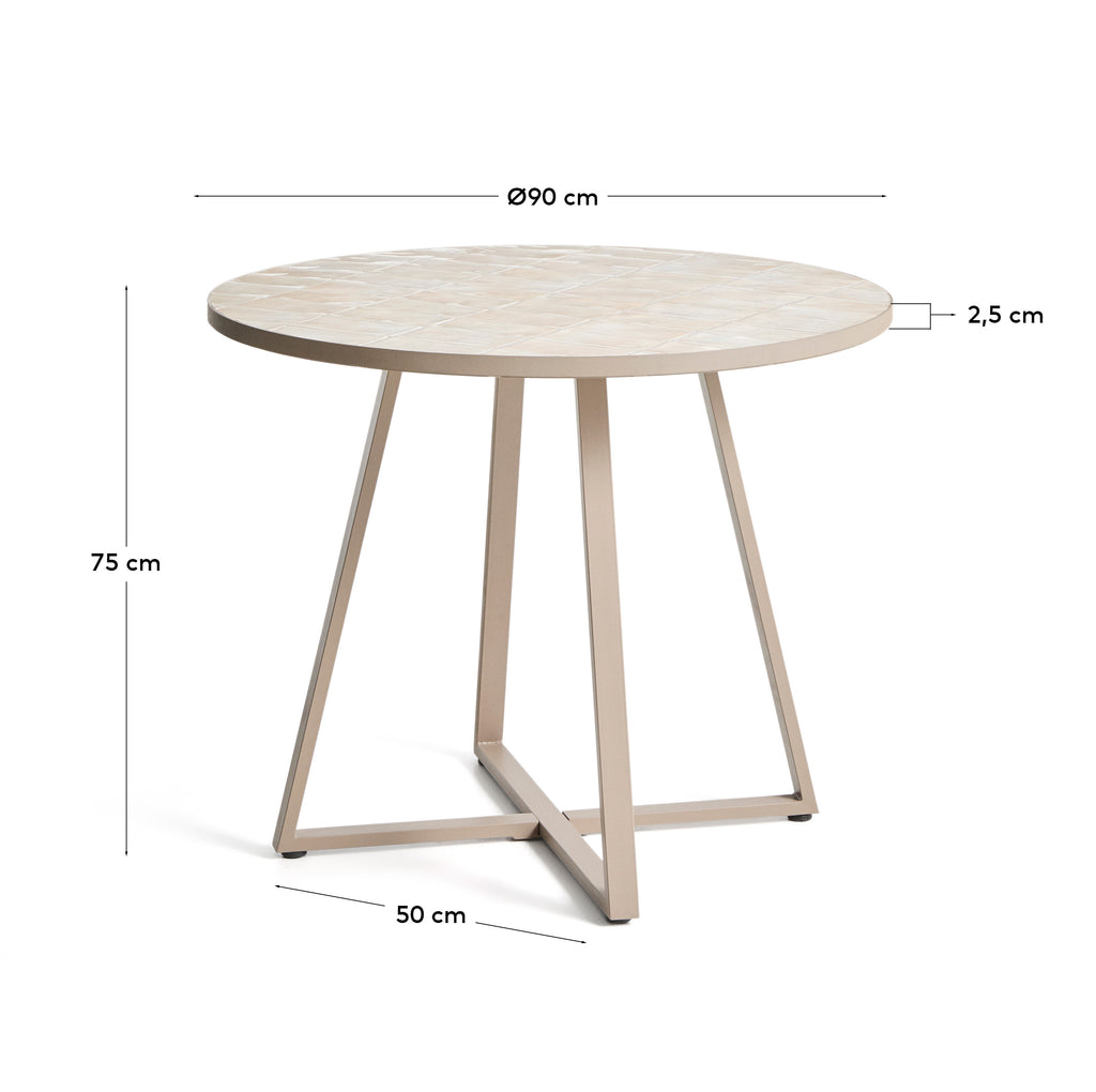 Taula rodona Tella d’acer galvanitzat i rajoles beix Ø90 cm