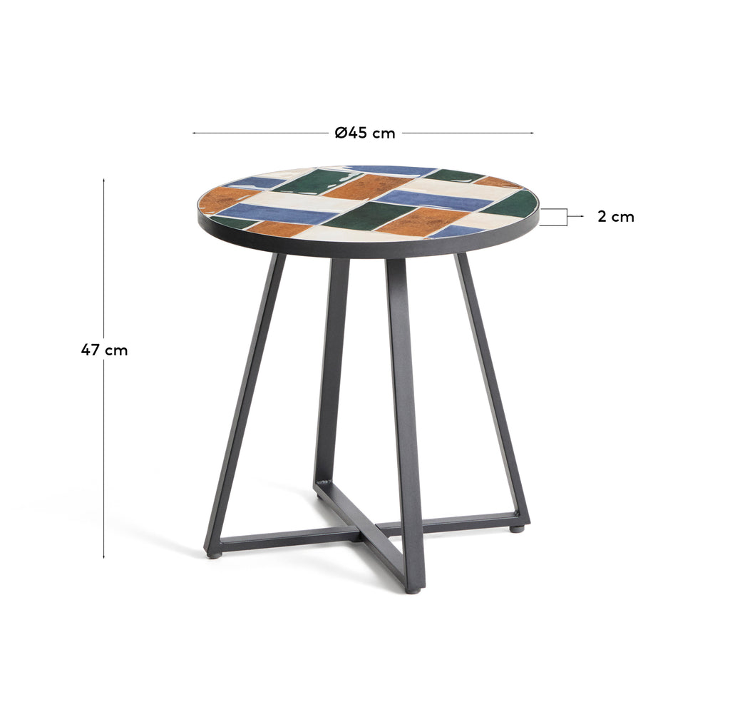 Taula auxiliar rodona Tella d’acer galvanitzat grafit i rajoles multicolor Ø45 cm