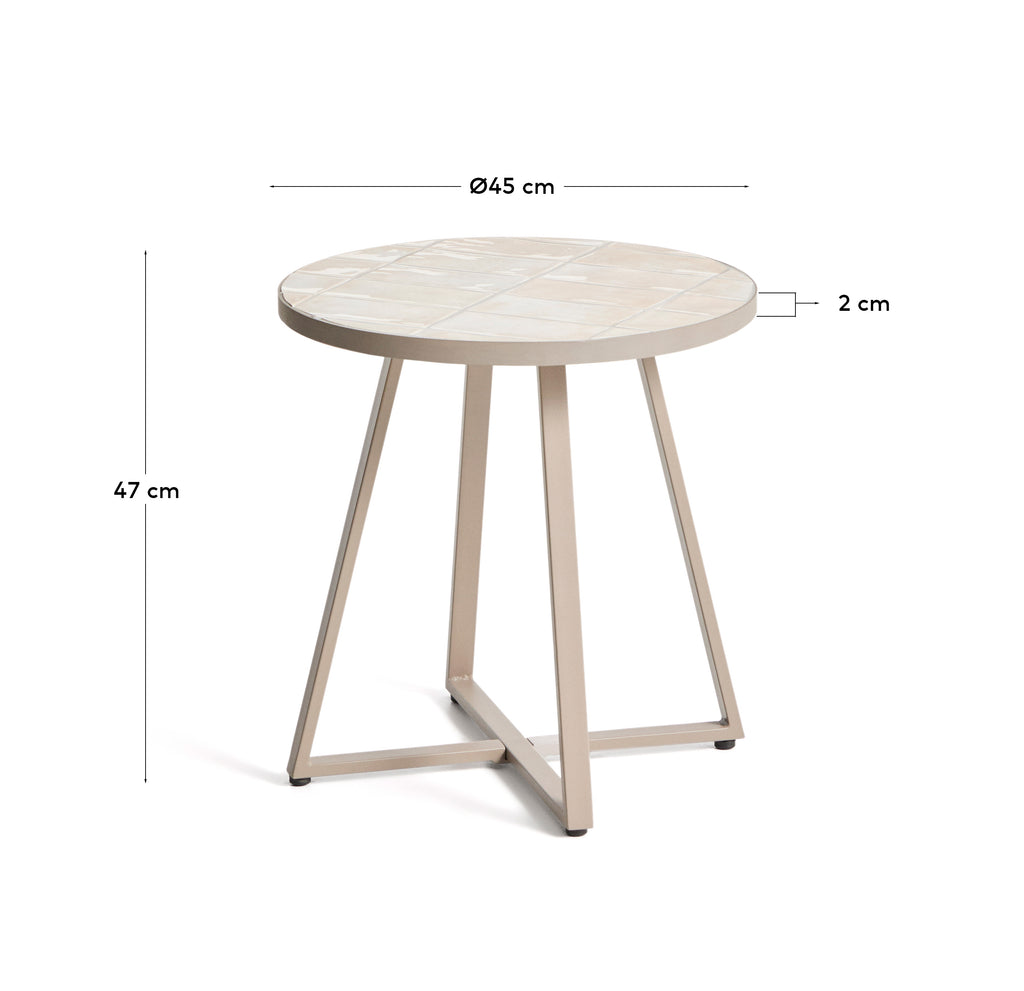 Taula auxiliar rodona Tella d’acer galvanitzat i rajoles beix Ø45 cm