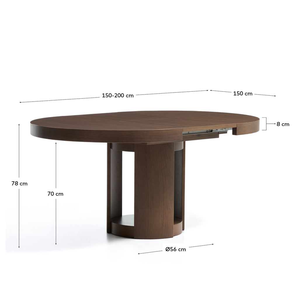Mesa extensible redonda Artis de madera maciza y chapa de roble con acabado tono nogal FSC 100% 150 (200) x 80 cm