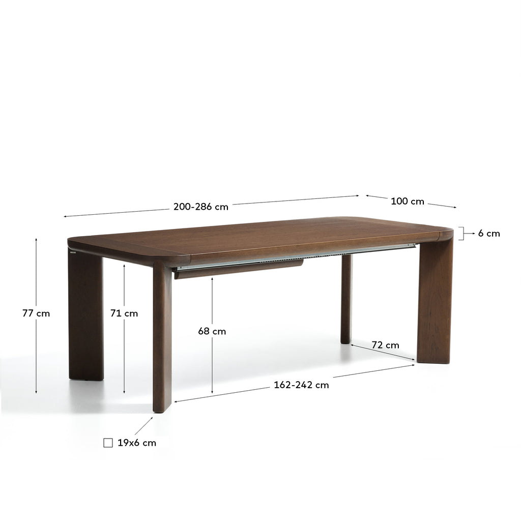 Taula extensible Jondal de fusta massissa i xapa de roure amb acabat en to noguera FSC™ 100% 240 (320) x 100 cm