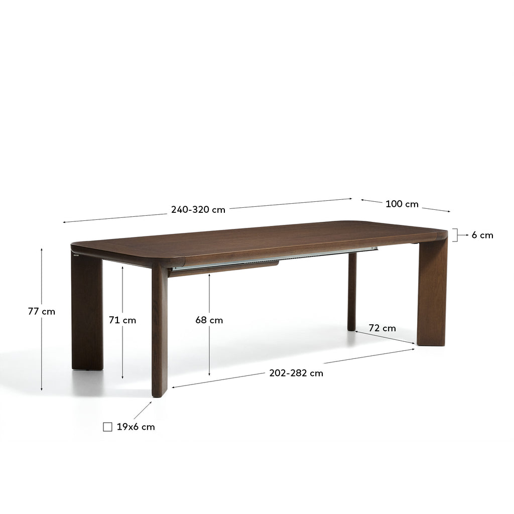 Taula extensible Jondal de fusta massissa i xapa de roure amb acabat en to noguera FSC™ 100% 200 (286) x 100 cm
