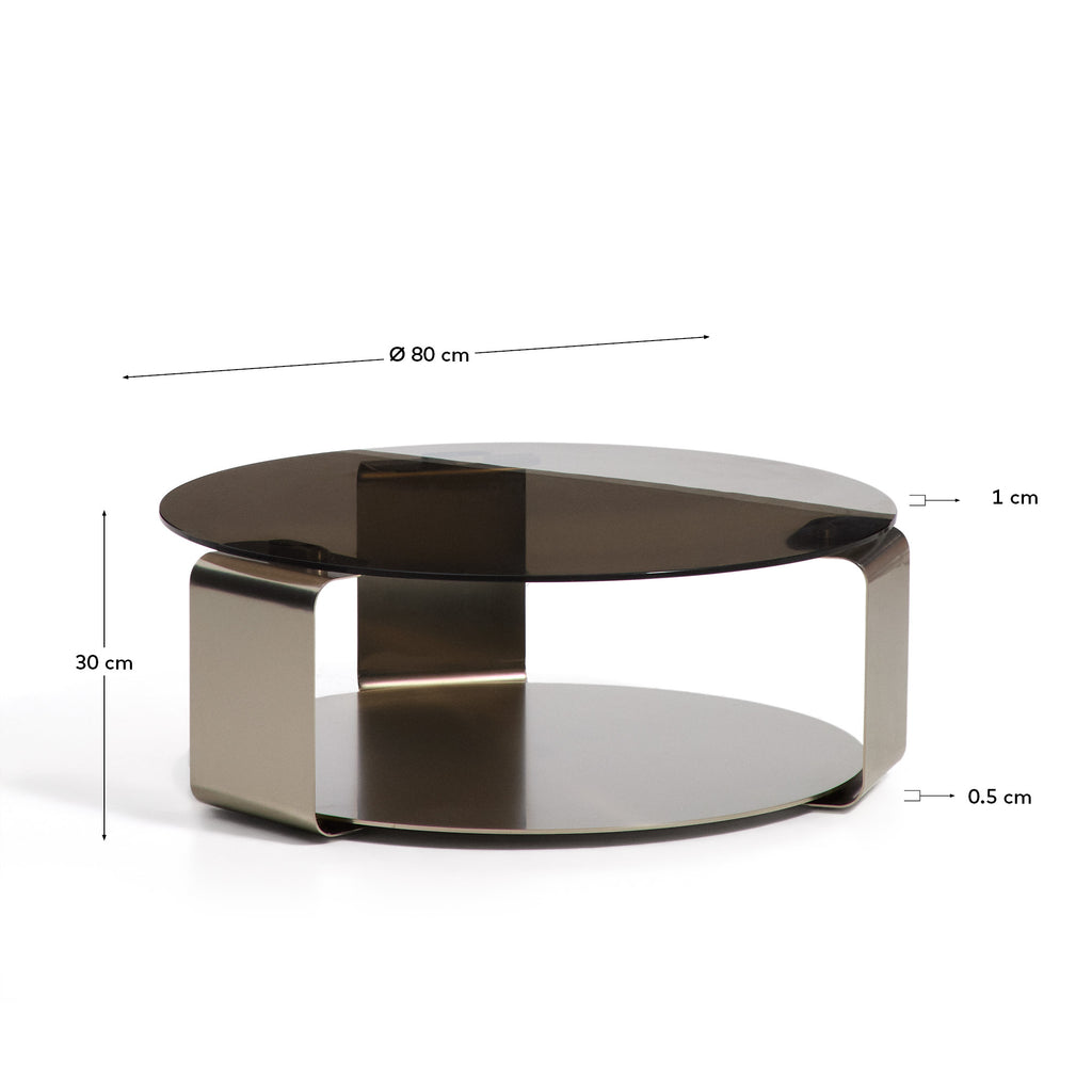 Mesa de centro Dolven de vidrio marrón y acero cepillado Ø80 cm