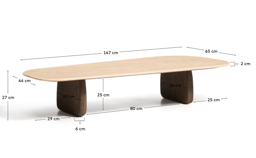Taula de centre Pirita de travertí beix i potes de fusta massissa de roure amb acabat fosc 147 x 65 cm FSC 100%