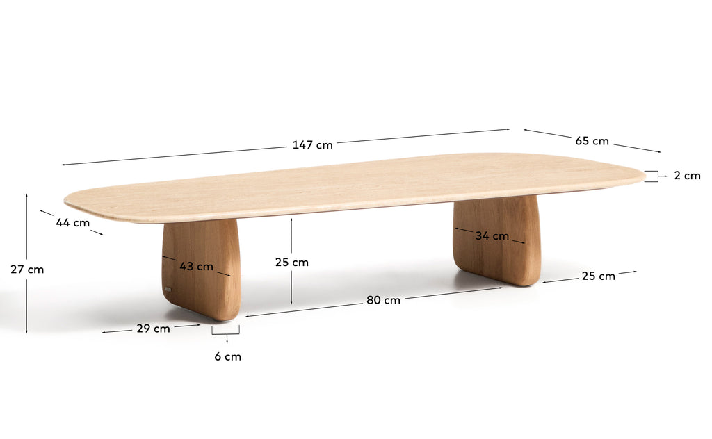 Taula de centre Pirita de travertí beix i potes de fusta massissa de roure amb acabat to natural 147 x 65 cm FSC 100%