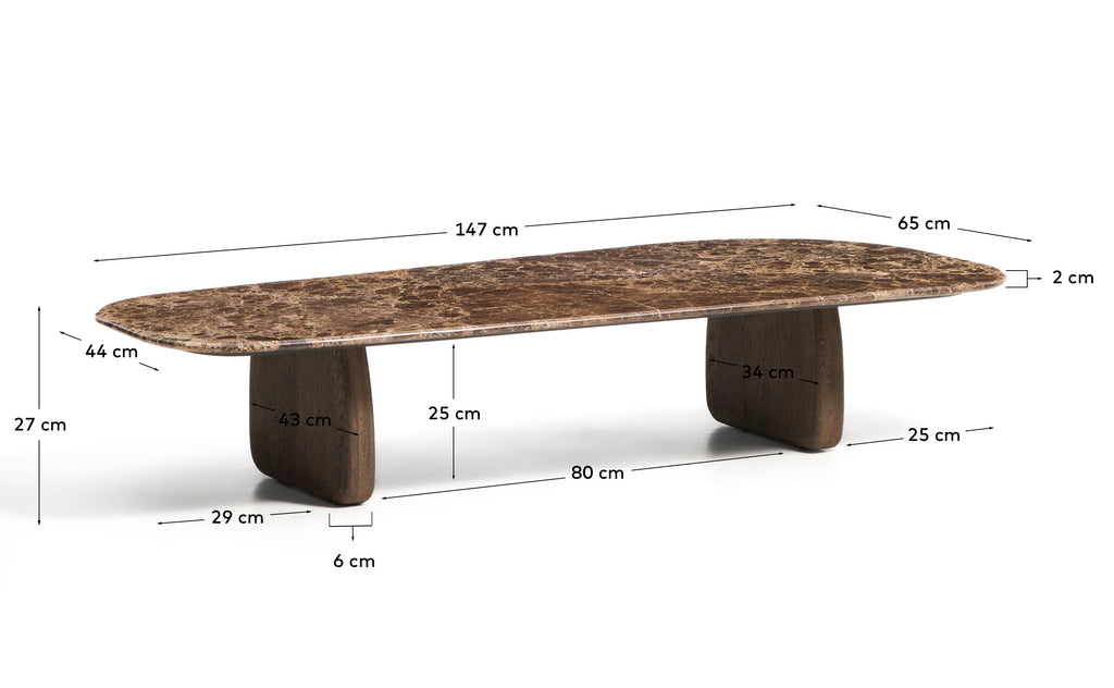 Taula de centre Pirita de marbre marró i potes de fusta massissa de roure amb acabat fosc 147 x 65 cm FSC 100%