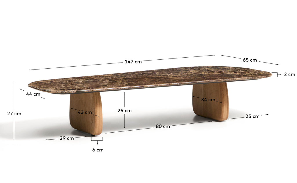 Taula de centre Pirita de marbre marró i potes de fusta massissa de roure amb acabat to natural 147 x 65 cm FSC 100%