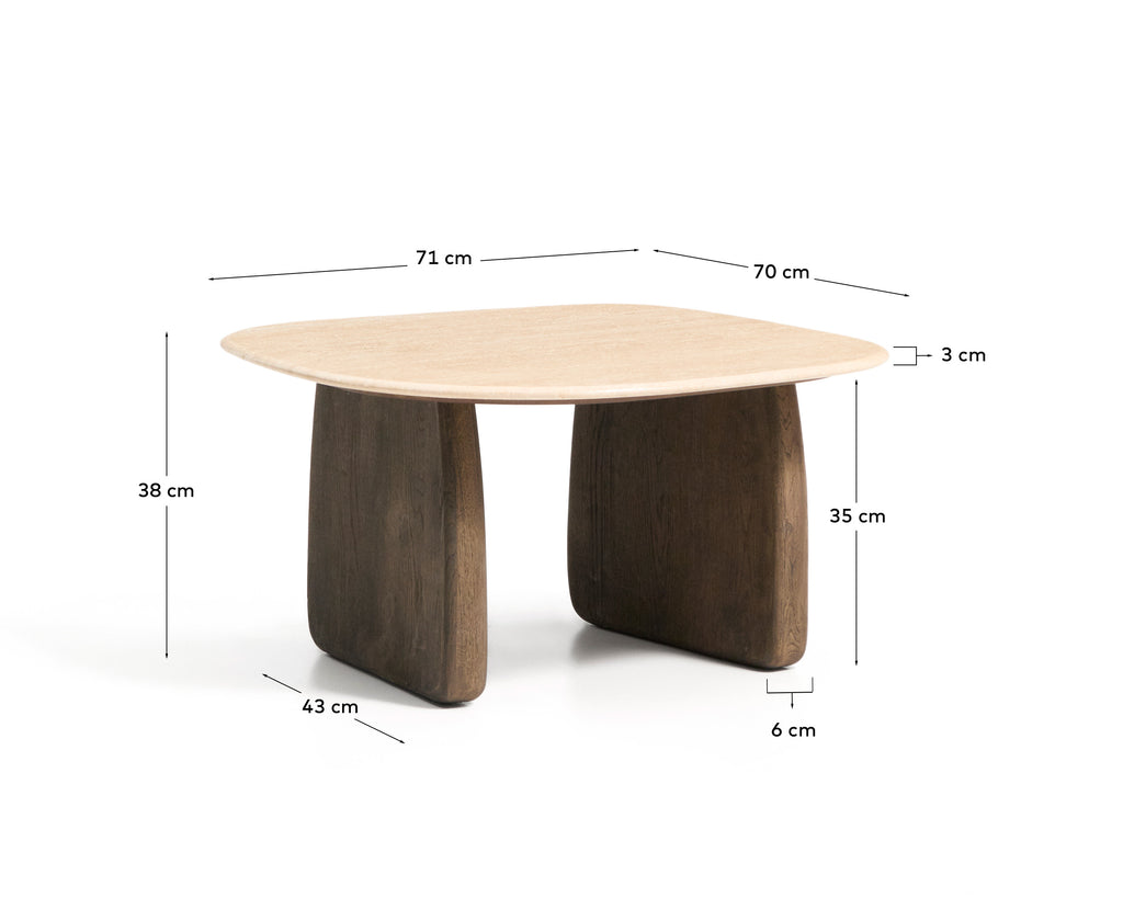 Taula auxiliar Pirita de travertí beix i potes de fusta massissa de roure amb acabat fosc 71 x 70 cm FSC 100%