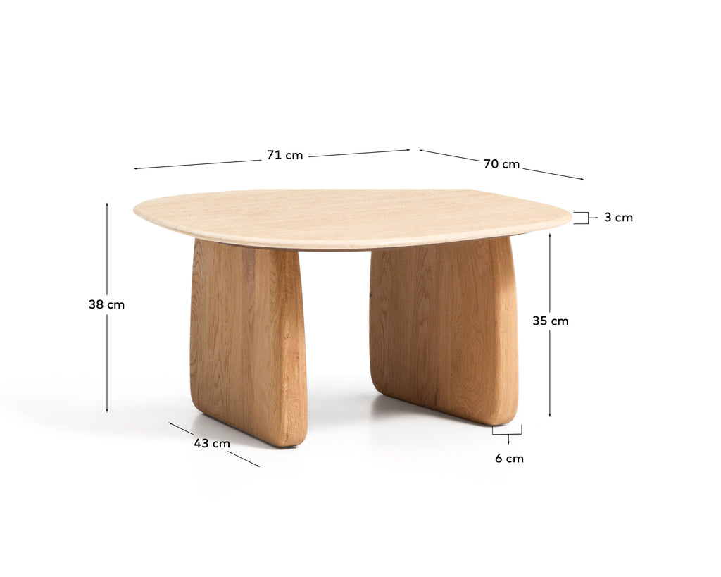 Taula auxiliar Pirita de travertí beix i potes de fusta massissa de roure amb acabat to natural 71 x 70 cm FSC 100%
